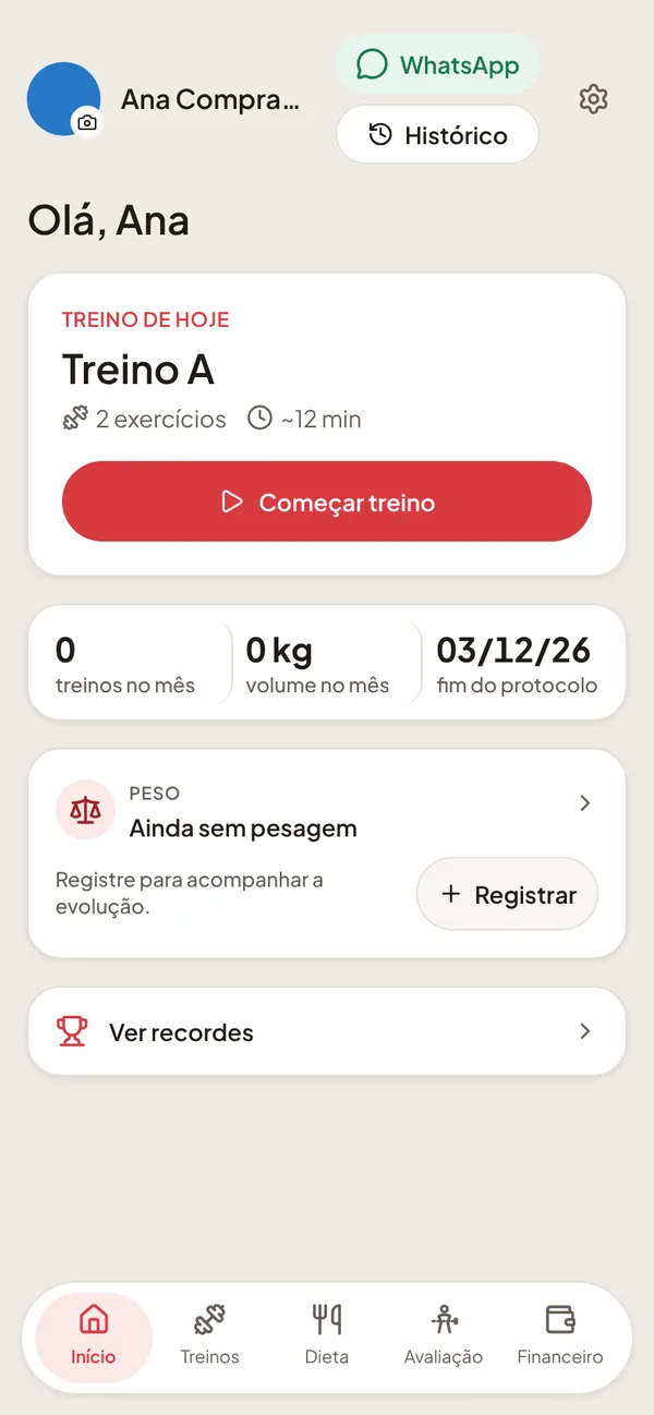 Tela inicial do app do aluno com o treino de hoje